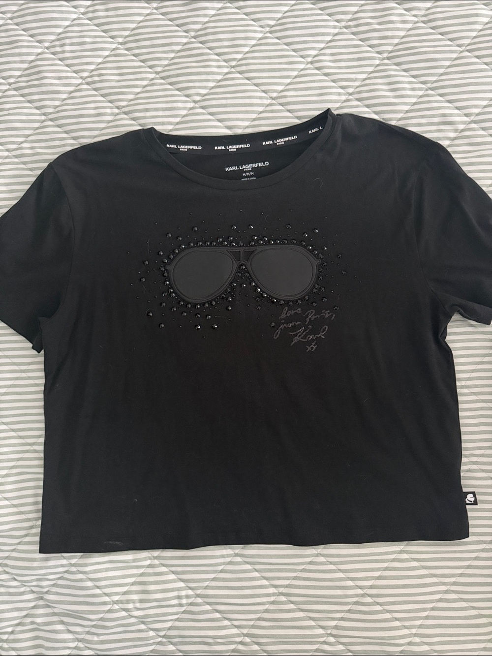 Karl Lagerfeld Black Short-Sleeve Sunglass Embellished Tee